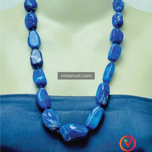 Handmade Lapis Lazuli Gemstone Necklace, Vintage Beaded Stone Necklace, - Picture 10 of 10